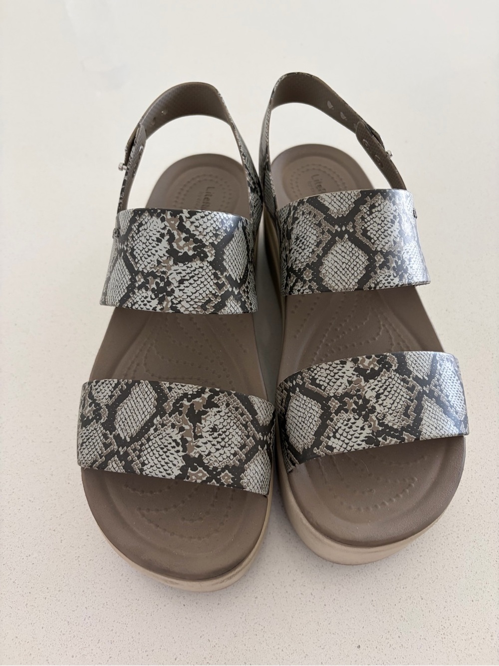 CROCS Brooklyn low wedge Women's Snake Slingback Sandals in Taupe and Ivory